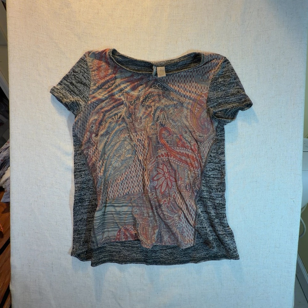 New Directions Top Short Sleeve Paisley Gray Women's Size Large